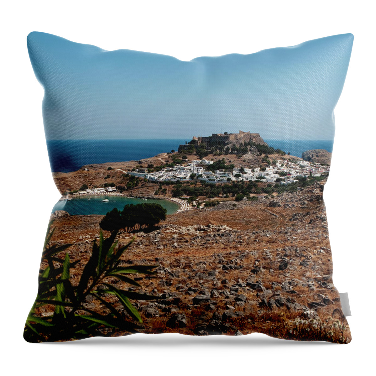 The Island Of Rhodes Throw Pillow featuring the photograph A Red Flower To Lindos by Lorraine Devon Wilke