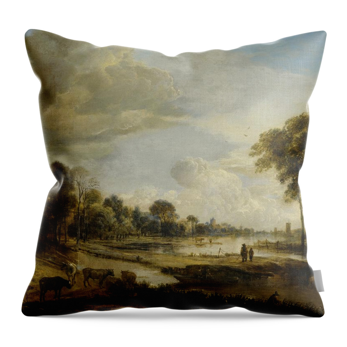 Landscape Throw Pillow featuring the painting A River Landscape with Figures and Cattle by Gianfranco Weiss