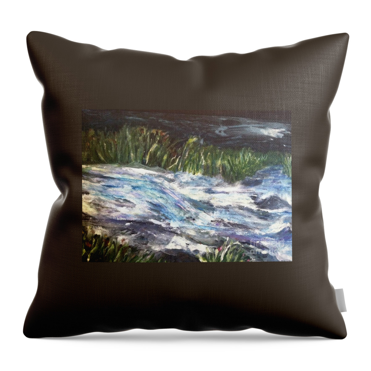 Orchards Throw Pillow featuring the painting A River Runs Through by Sherry Harradence