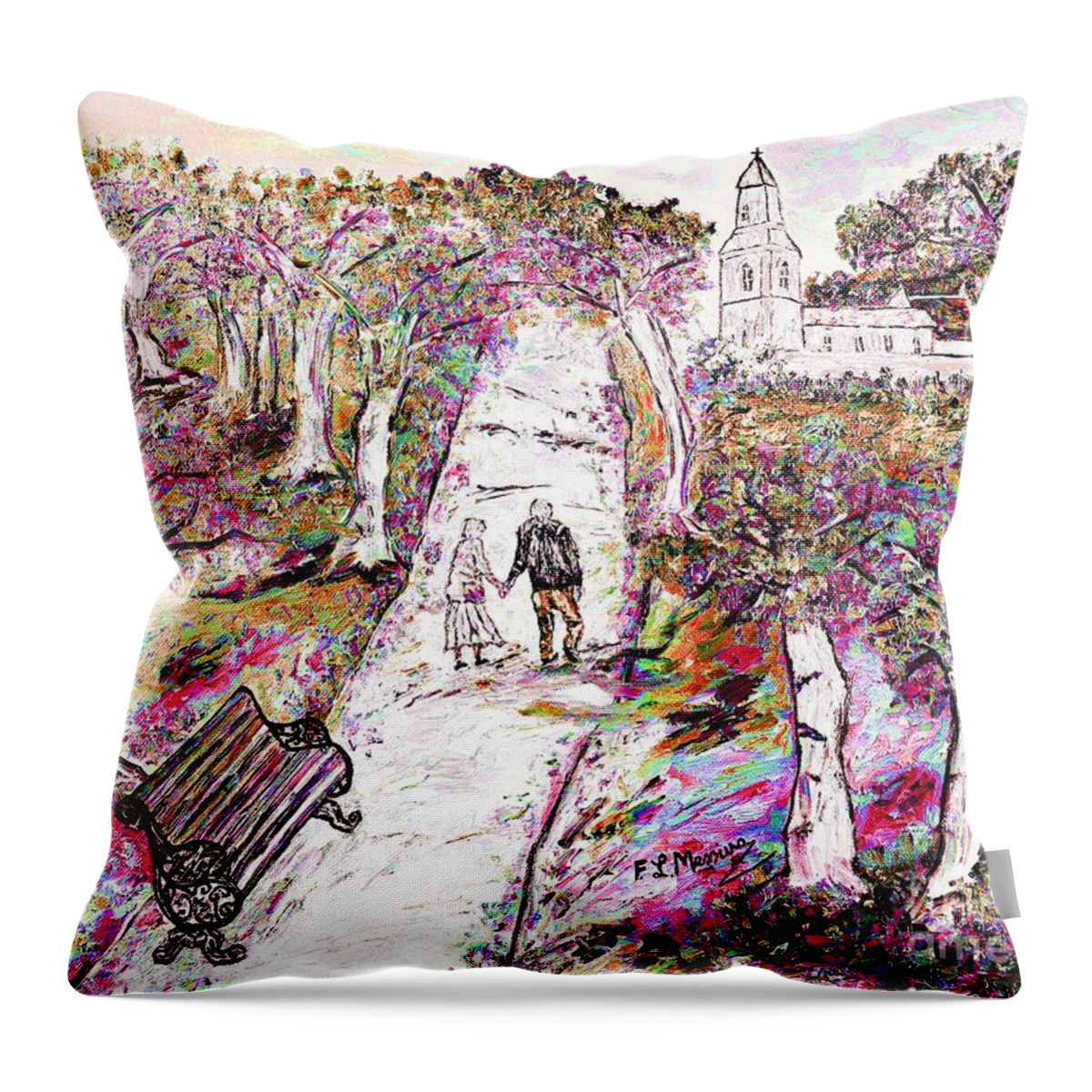 Mixed Media Throw Pillow featuring the painting A stroll in autumn by Loredana Messina