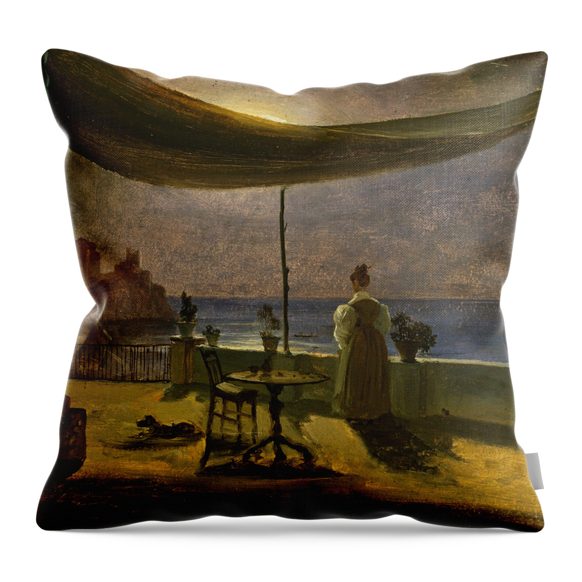 Thomas Fearnley Throw Pillow featuring the painting A Terrace in Amalfi in Moonlight by Thomas Fearnley