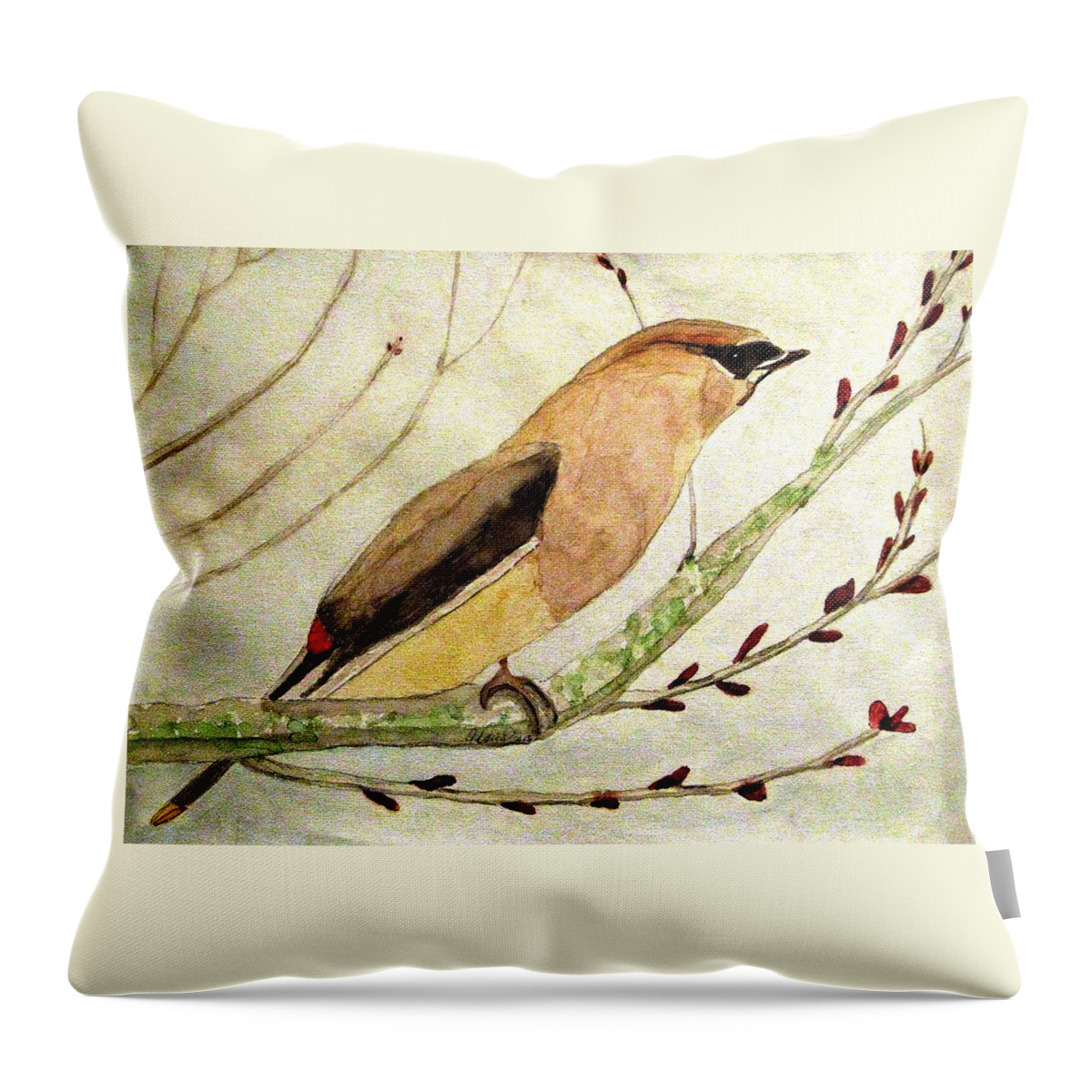 Waxwings Throw Pillow featuring the painting A Waxwing In The Orchard by Angela Davies