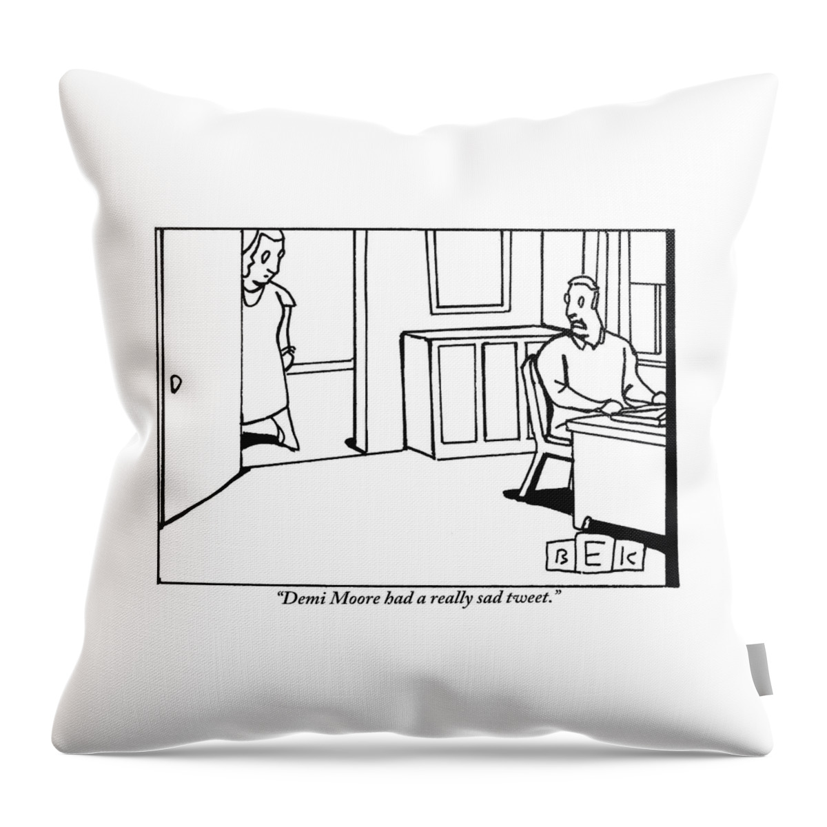 A Woman In A Doorway Addresses A Man At His Desk Throw Pillow