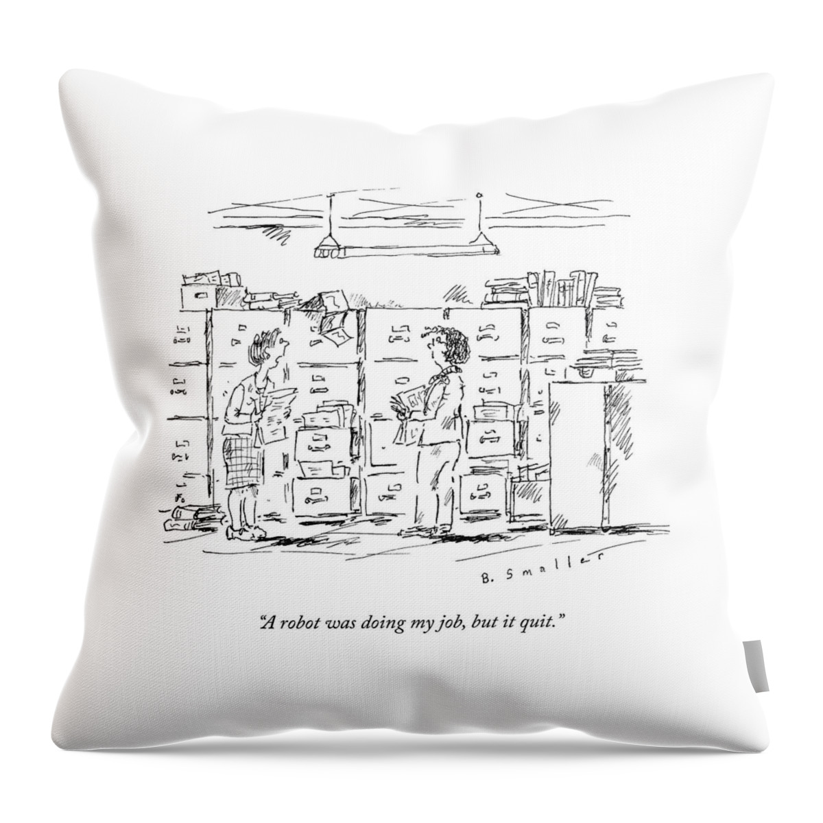 A Woman In A Room Full Of File Cabinets Speaks Throw Pillow