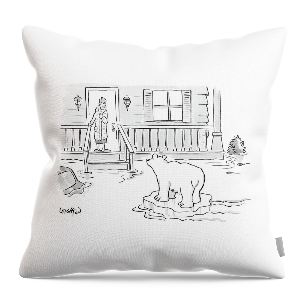 A Woman In Her Bathrobe Steps Out On Her Porch Throw Pillow