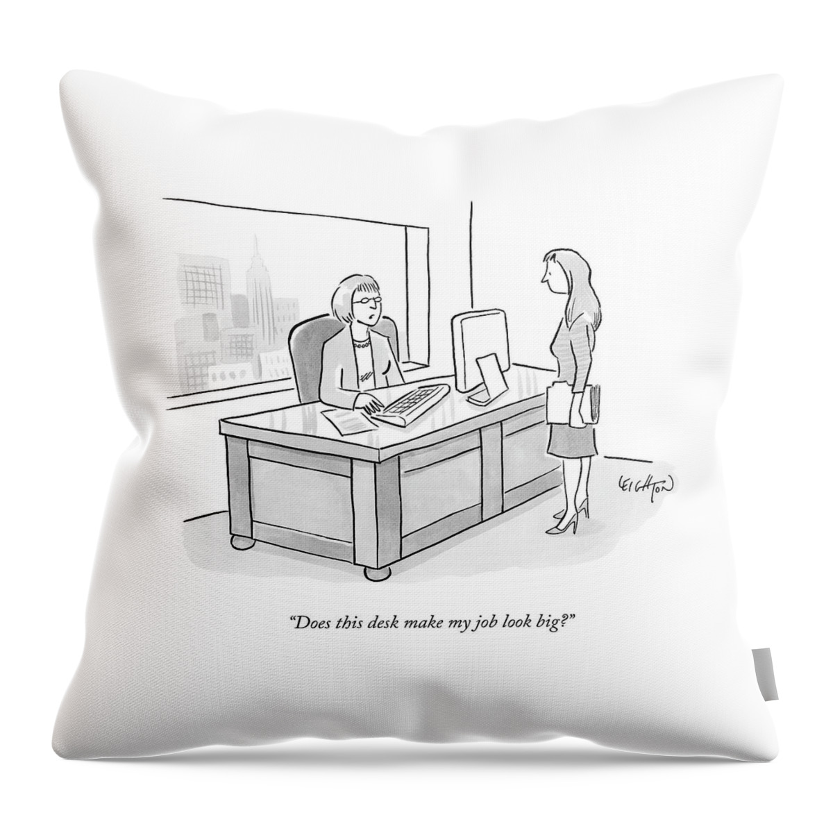A Woman Sitting Behind A Large Desk Talks To An Throw Pillow