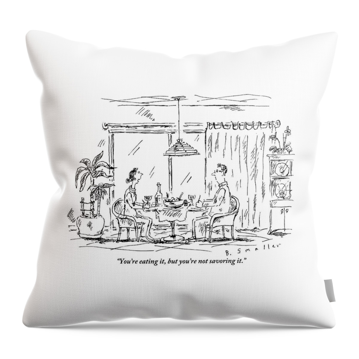 A Woman Speaks To A Man At Their Dinner Table Throw Pillow