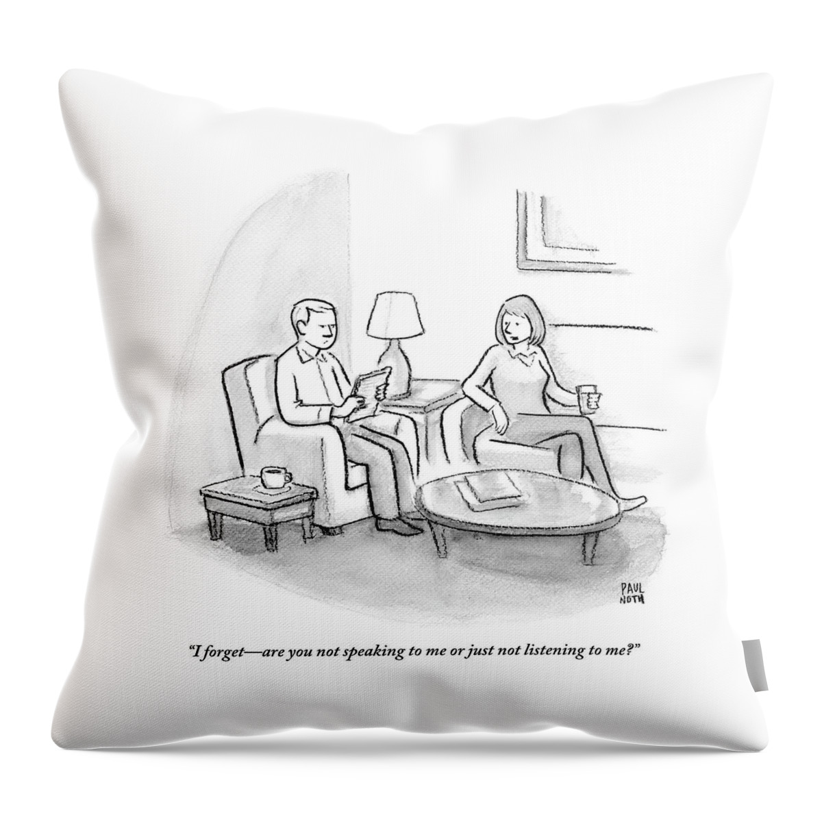 A Woman Speaks To A Man. Both Are Seated Throw Pillow
