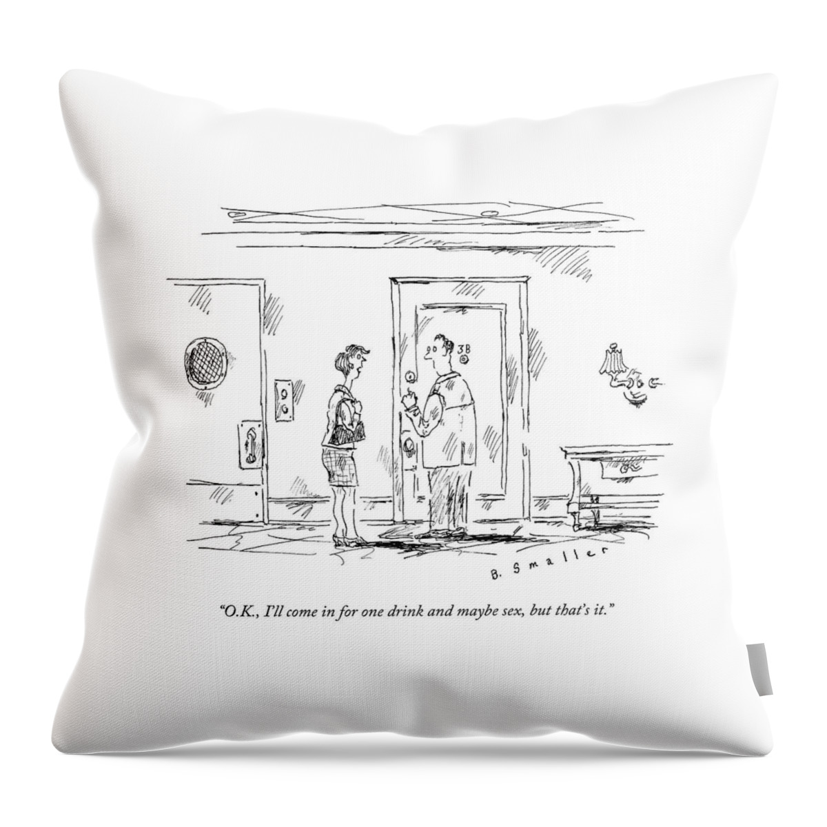 A Woman Talking To A Man Outside His Apartment Throw Pillow