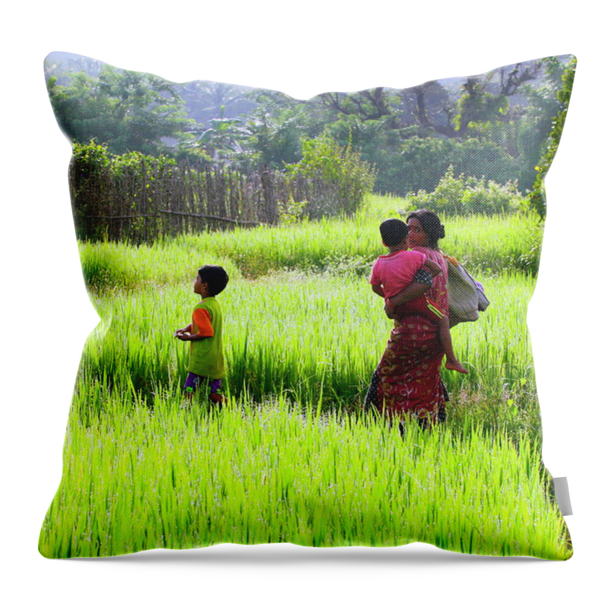 Three Quarter Length Throw Pillow featuring the photograph A Woman Walking In The Field by Rbb