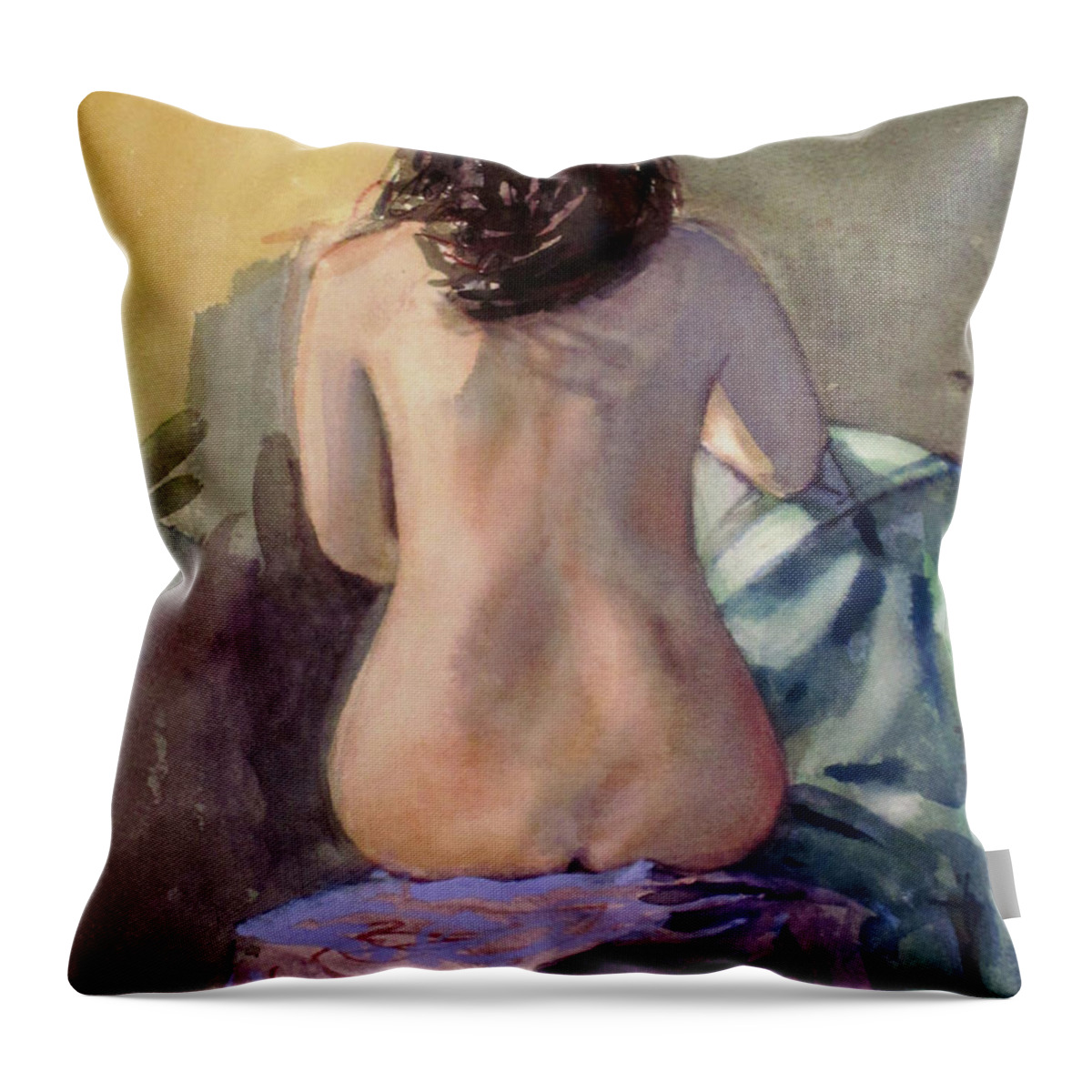 Nude Back Watercolor Throw Pillow featuring the painting A Woman's Back by Mark Lunde