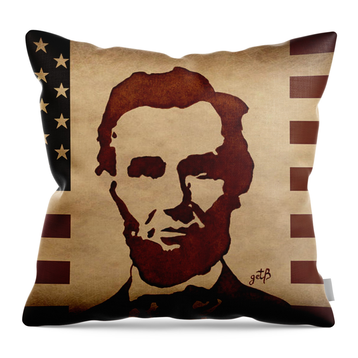 Vintage Dollar Bill Throw Pillow featuring the painting Abraham Lincoln USA Flag by Georgeta Blanaru