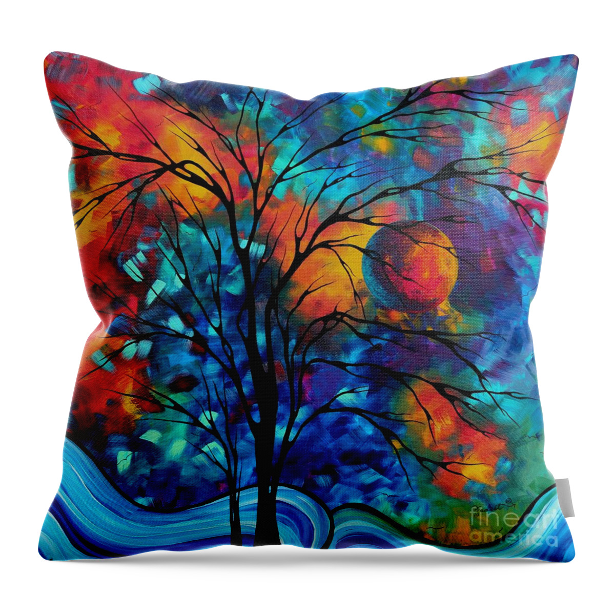 Abstract Throw Pillow featuring the painting Abstract Art Landscape Tree Bold Colorful Painting A SECRET PLACE by MADART by Megan Aroon