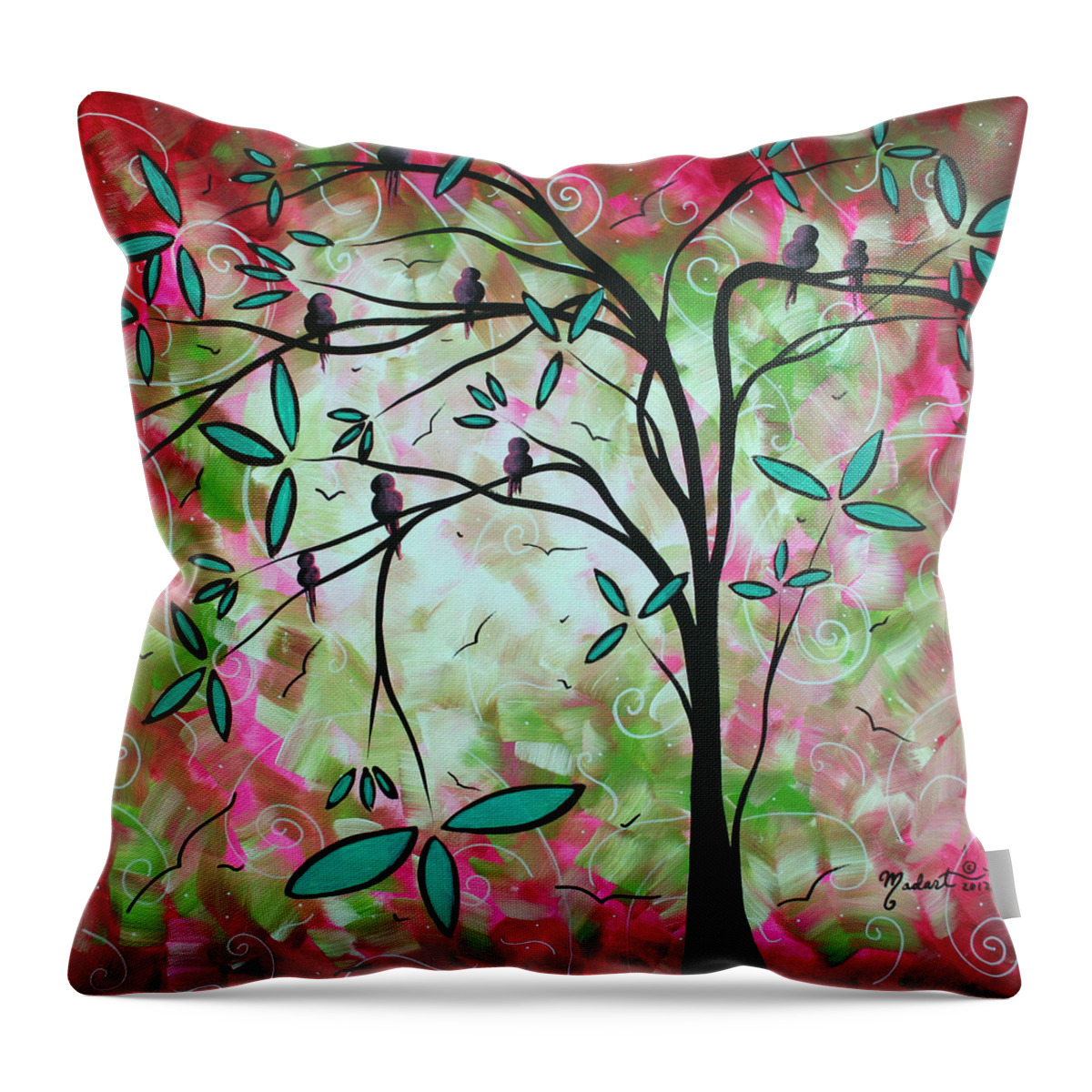Whimsical Throw Pillow featuring the painting Abstract Art Original Whimsical Magical Bird Painting THROUGH THE LOOKING GLASS by Megan Aroon