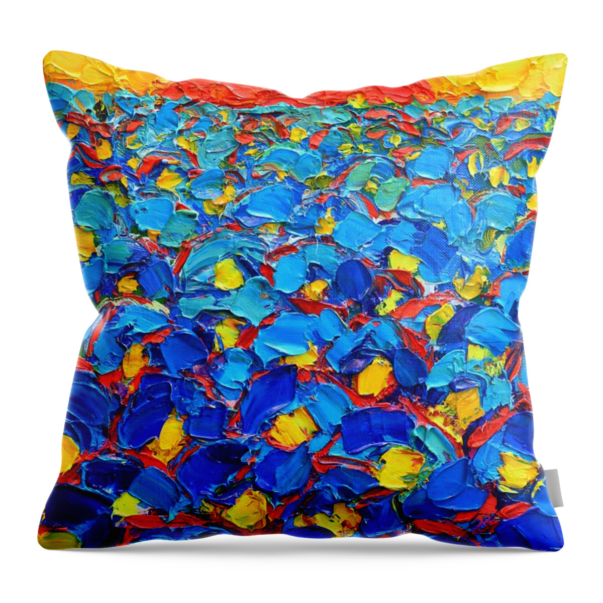 Poppies Throw Pillow featuring the painting Abstract Blue Poppies In Sunrise -original Oil Painting by Ana Maria Edulescu