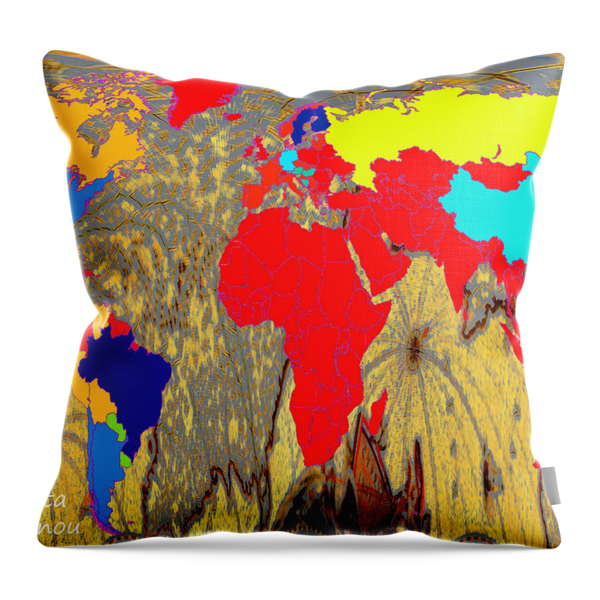 Augusta Stylianou Throw Pillow featuring the digital art World Map and Abstract Cyprus #2 by Augusta Stylianou