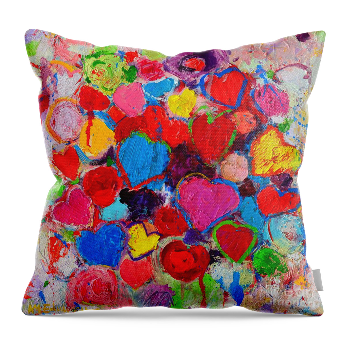 Hearts Throw Pillow featuring the painting Abstract Love Bouquet Of Colorful Hearts And Flowers by Ana Maria Edulescu