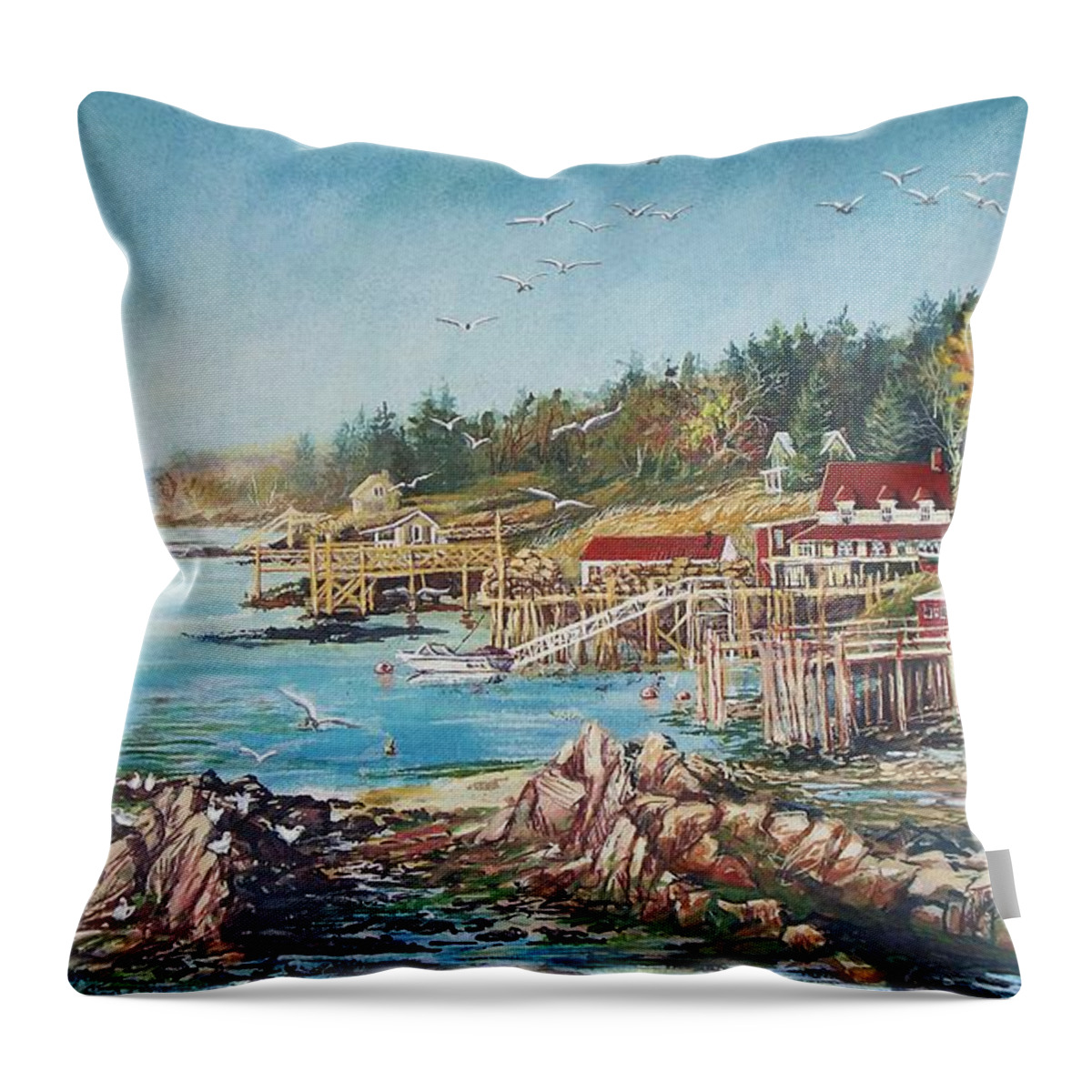  Seagulls Throw Pillow featuring the painting Across the Bridge by Joy Nichols