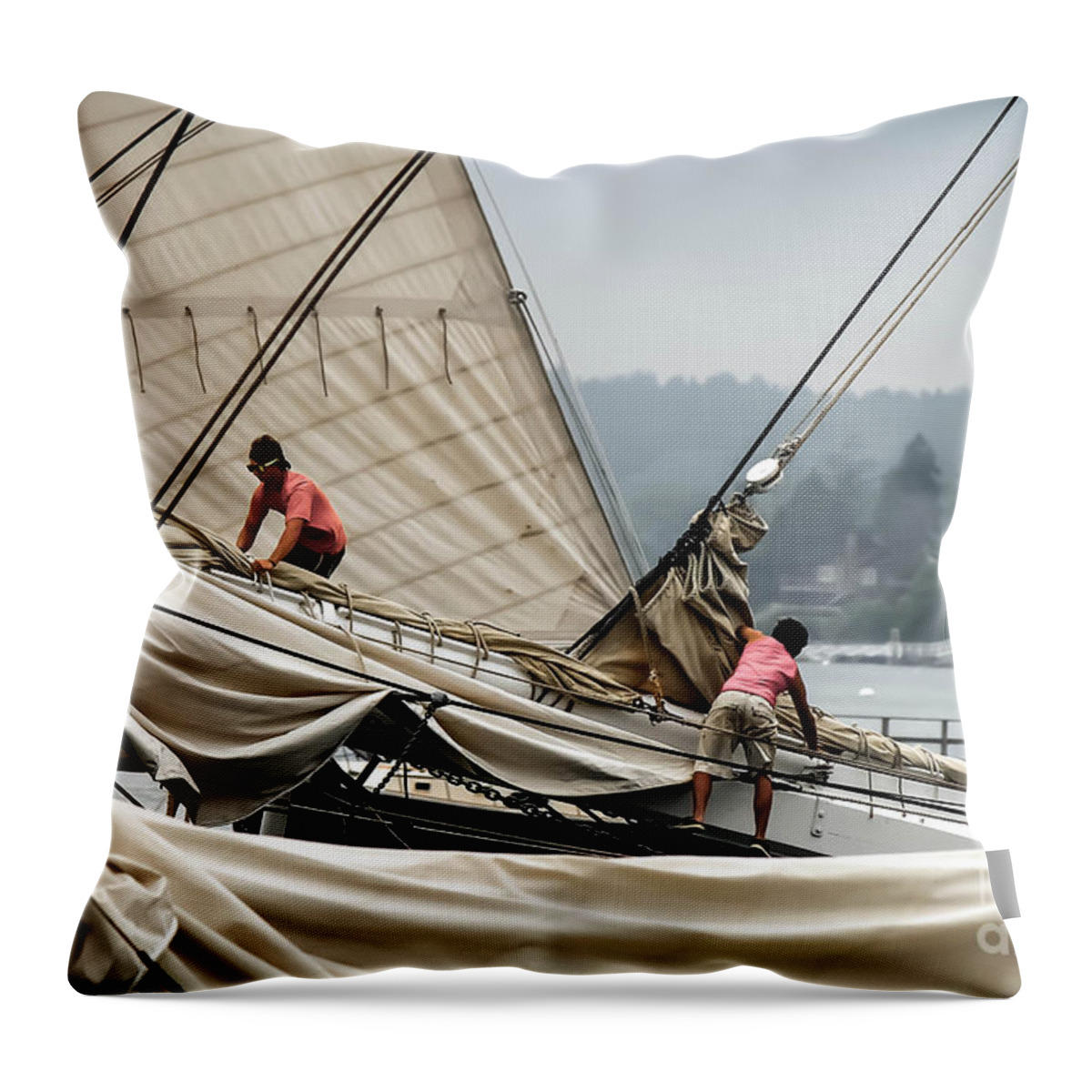 Windjammer Throw Pillow featuring the photograph Adjusting the Sails by Brenda Giasson
