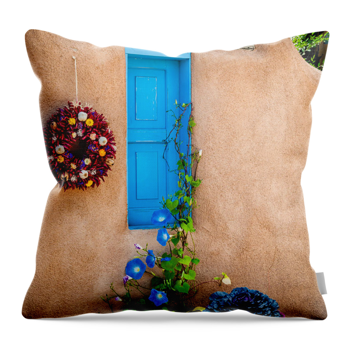 Bob And Nancy Kendrick Throw Pillow featuring the photograph Adobe and Blue by Bob and Nancy Kendrick