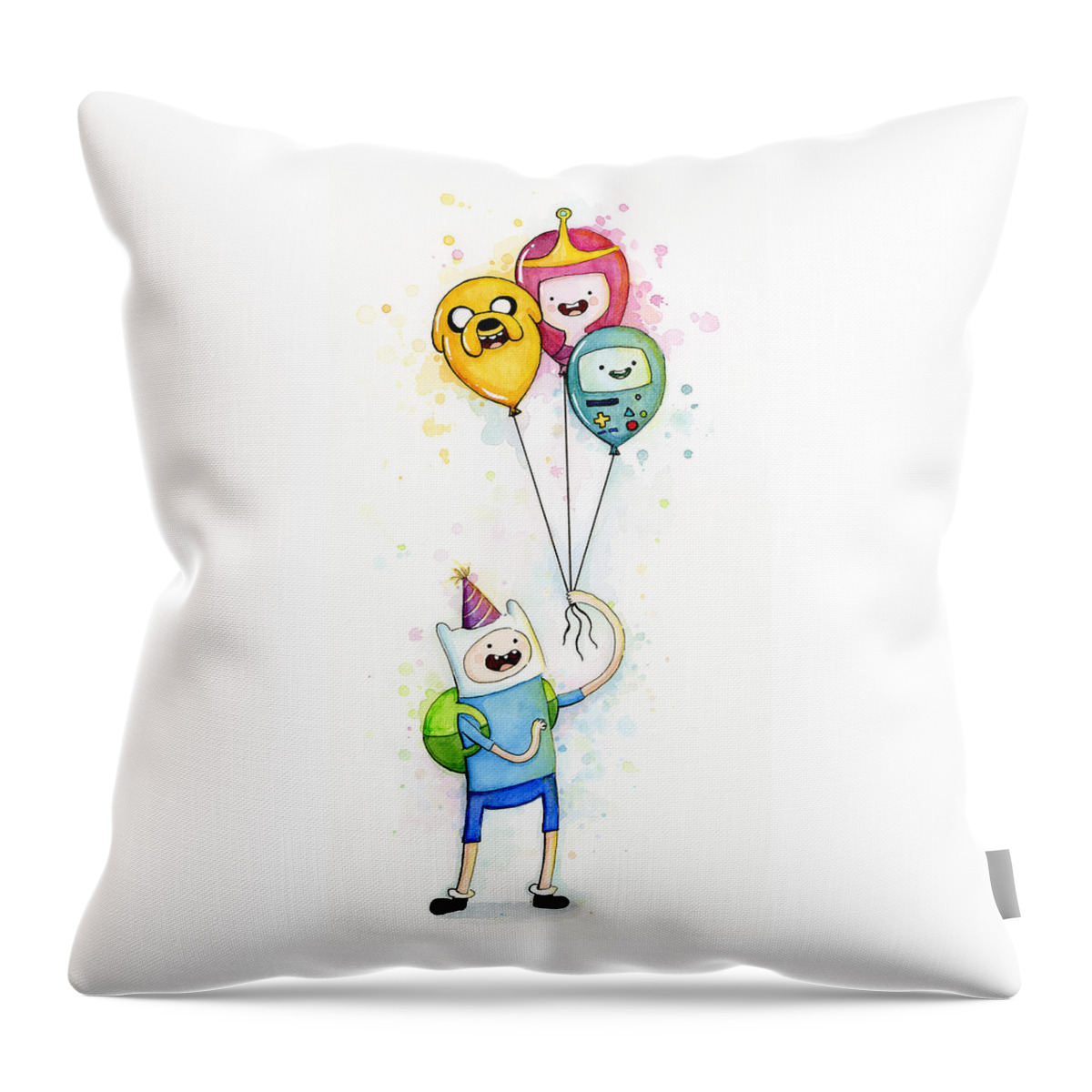 Jake Throw Pillow featuring the painting Adventure Time Finn with Birthday Balloons Jake Princess Bubblegum BMO by Olga Shvartsur
