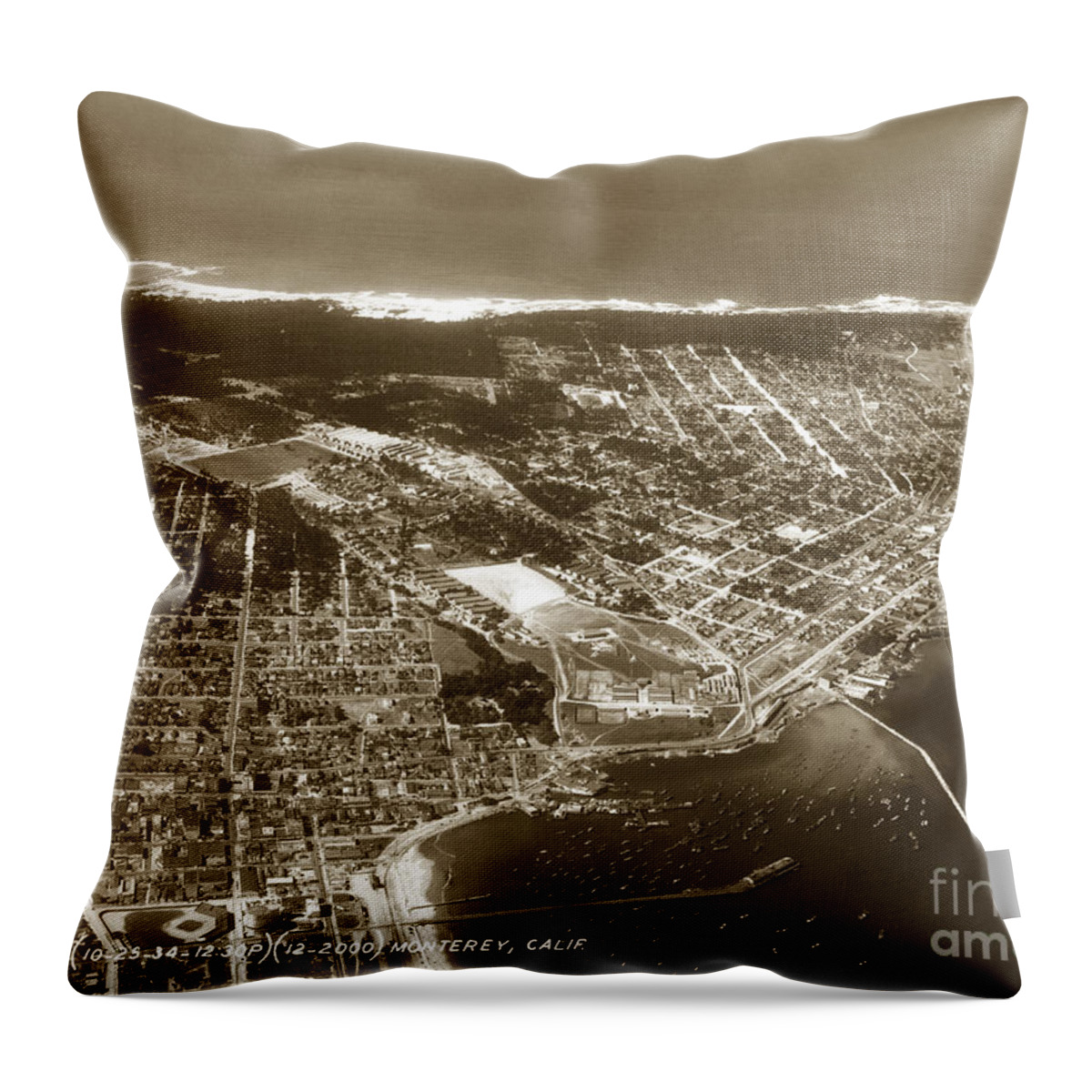 Monterey Throw Pillow featuring the photograph Aerial of Monterey Calif. Oct. 25 1934 by Monterey County Historical Society