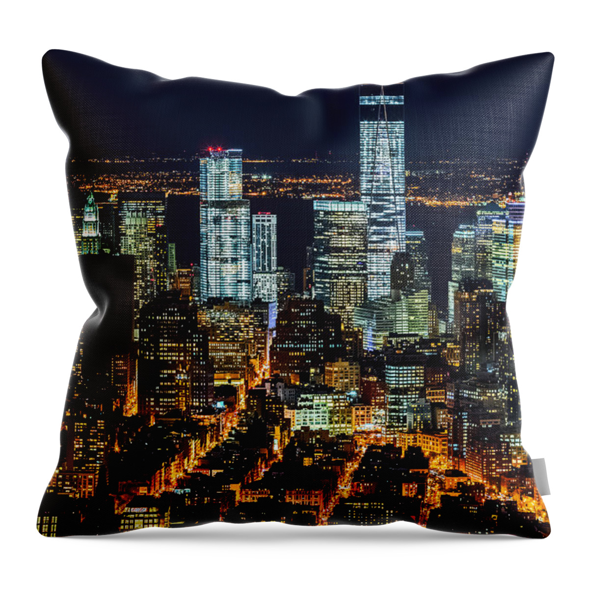Downtown Throw Pillow featuring the photograph Aerial view of the Lower Manhattan skyscrapers by night by Mihai Andritoiu
