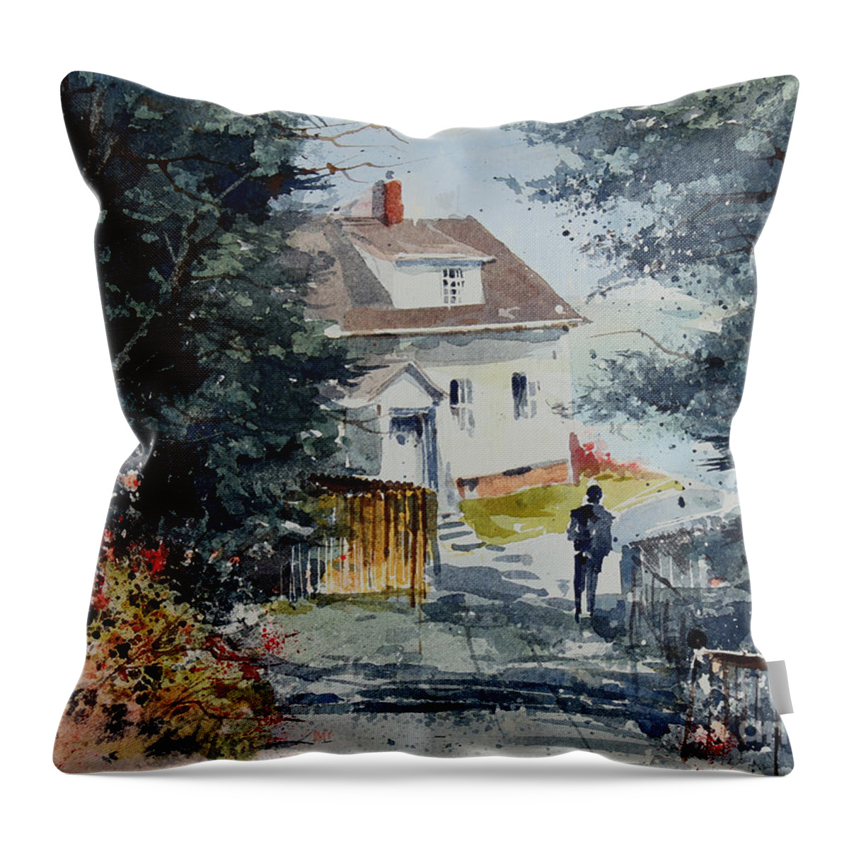 A Visitor Walks A Path To The Owl's Head Lighthouse Near Acadia National Park On A Sun Filled Afternoon. Throw Pillow featuring the painting Afternoon At Owl's Head Lighthouse by Monte Toon