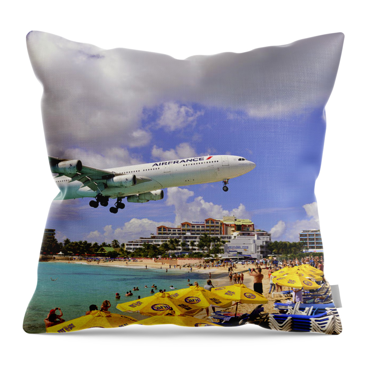 St Martin Throw Pillow featuring the photograph Air France Landing at St Maarten by Matt Swinden