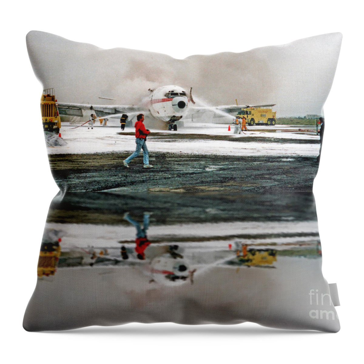 Airplane Crash Drill Throw Pillow featuring the photograph Airplane Crash Drill Landscape Altered Version by Jim Fitzpatrick