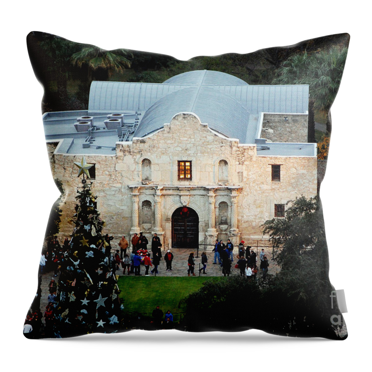 Alamo Throw Pillow featuring the photograph Alamo Entrance High Angle View at Christmas in San Antonio Texas by Shawn O'Brien