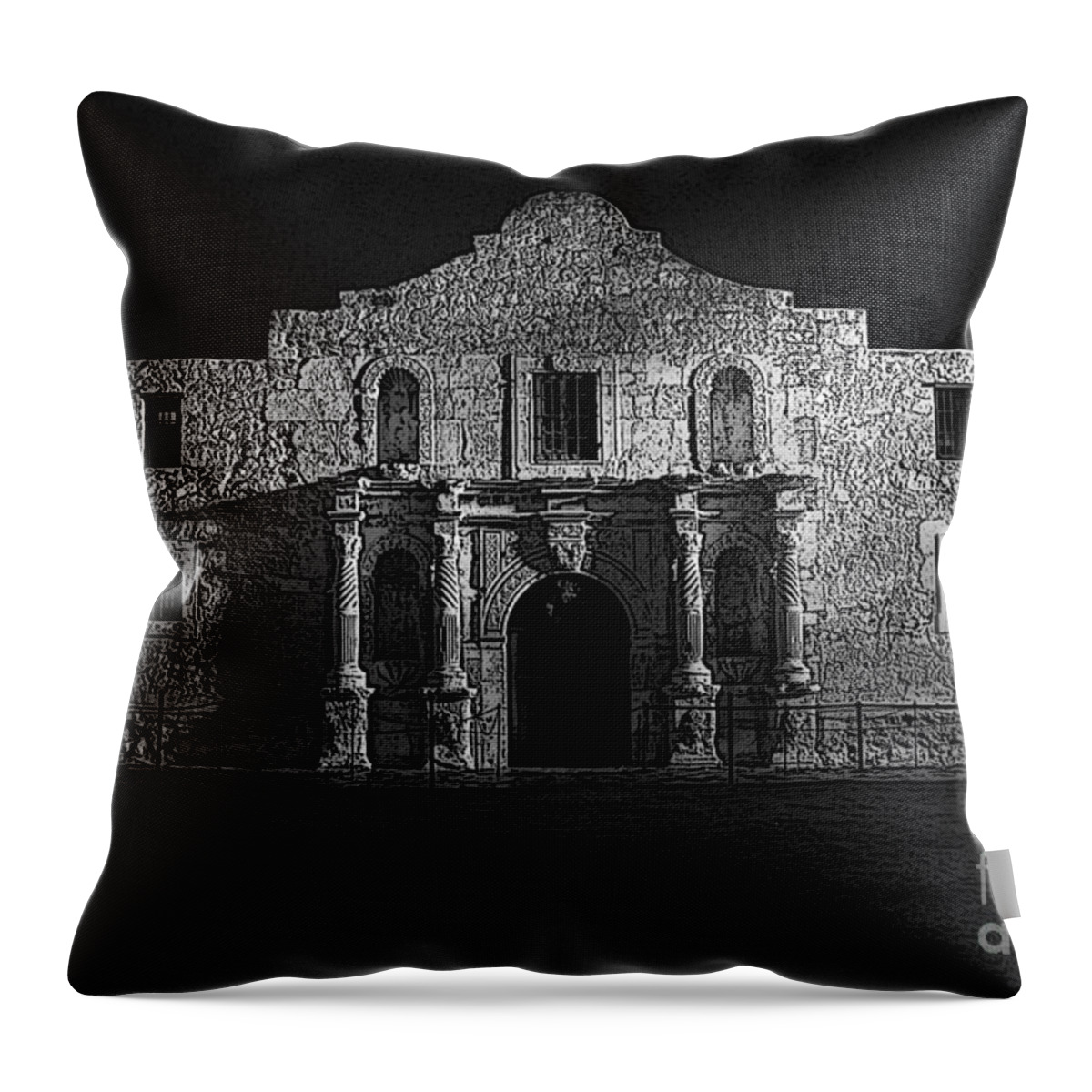Alamo Throw Pillow featuring the digital art Alamo Mission Entrance Front Profile at Night in San Antonio Texas BW Poster Edges Digital Art by Shawn O'Brien