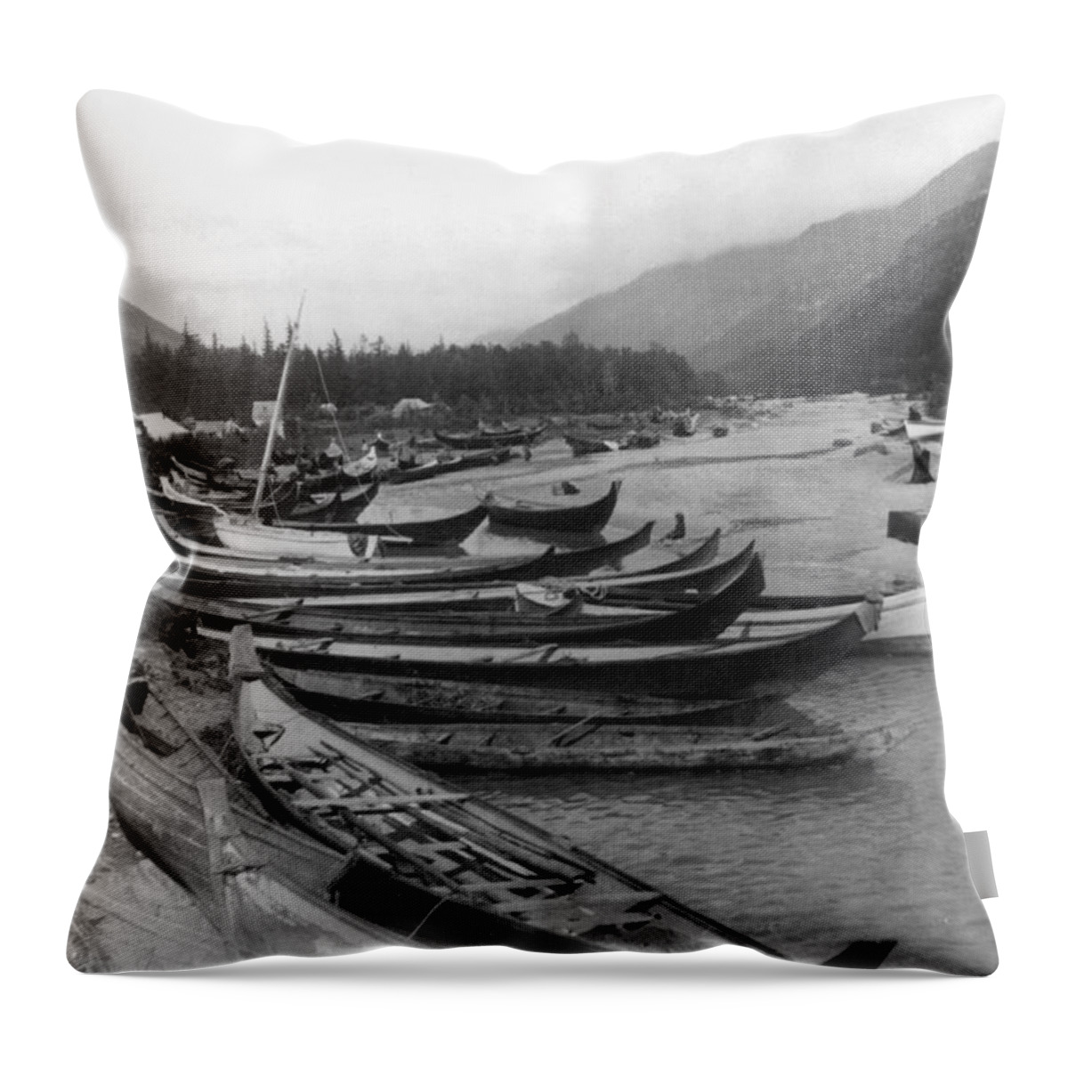 1897 Throw Pillow featuring the photograph Alaska Canoes, C1897 by Granger