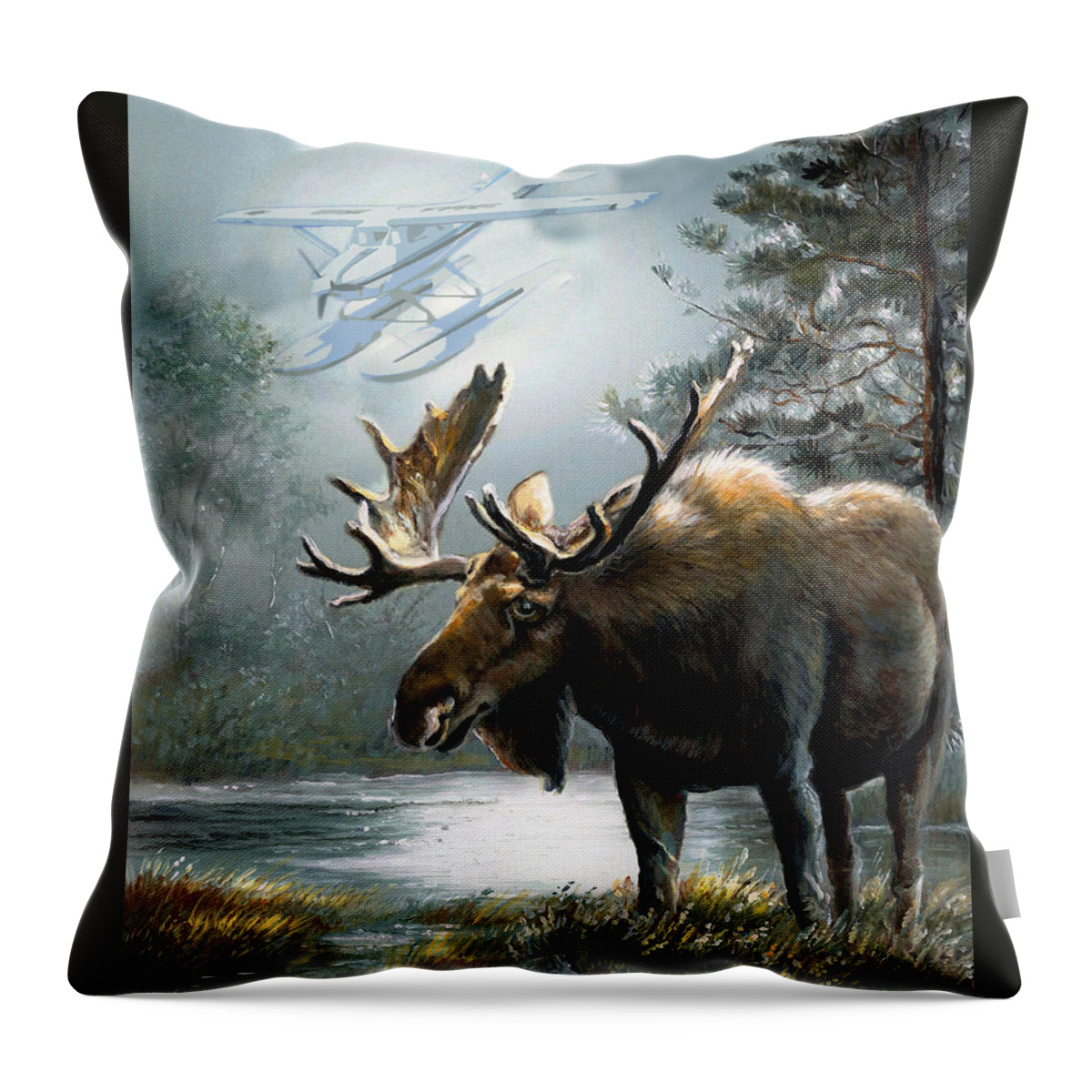 Alaska Moos With Floatplane Animal Art Throw Pillow featuring the painting Alaska moose with floatplane by Regina Femrite