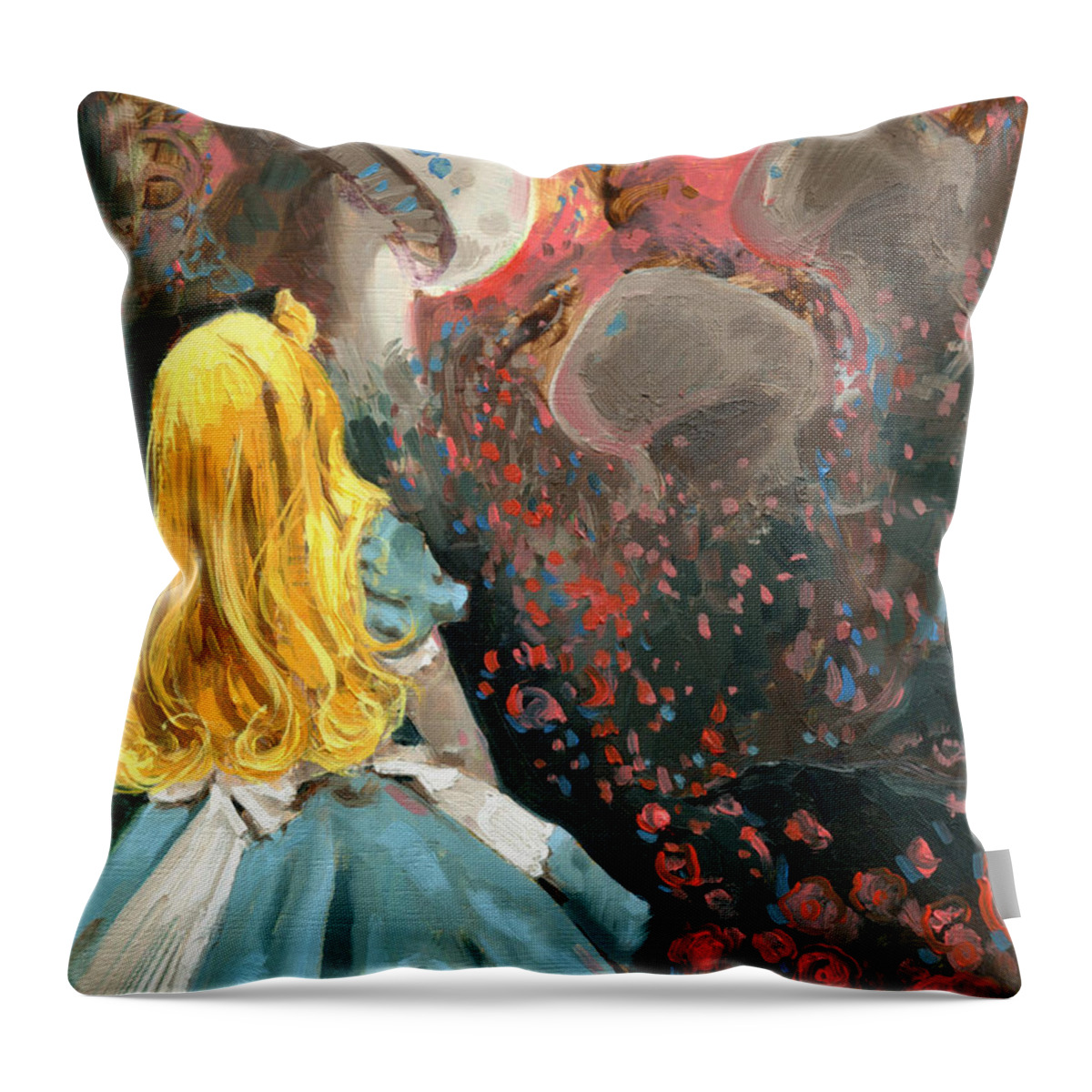 Alice Throw Pillow featuring the painting Alice in mushroom acres by Luis Navarro