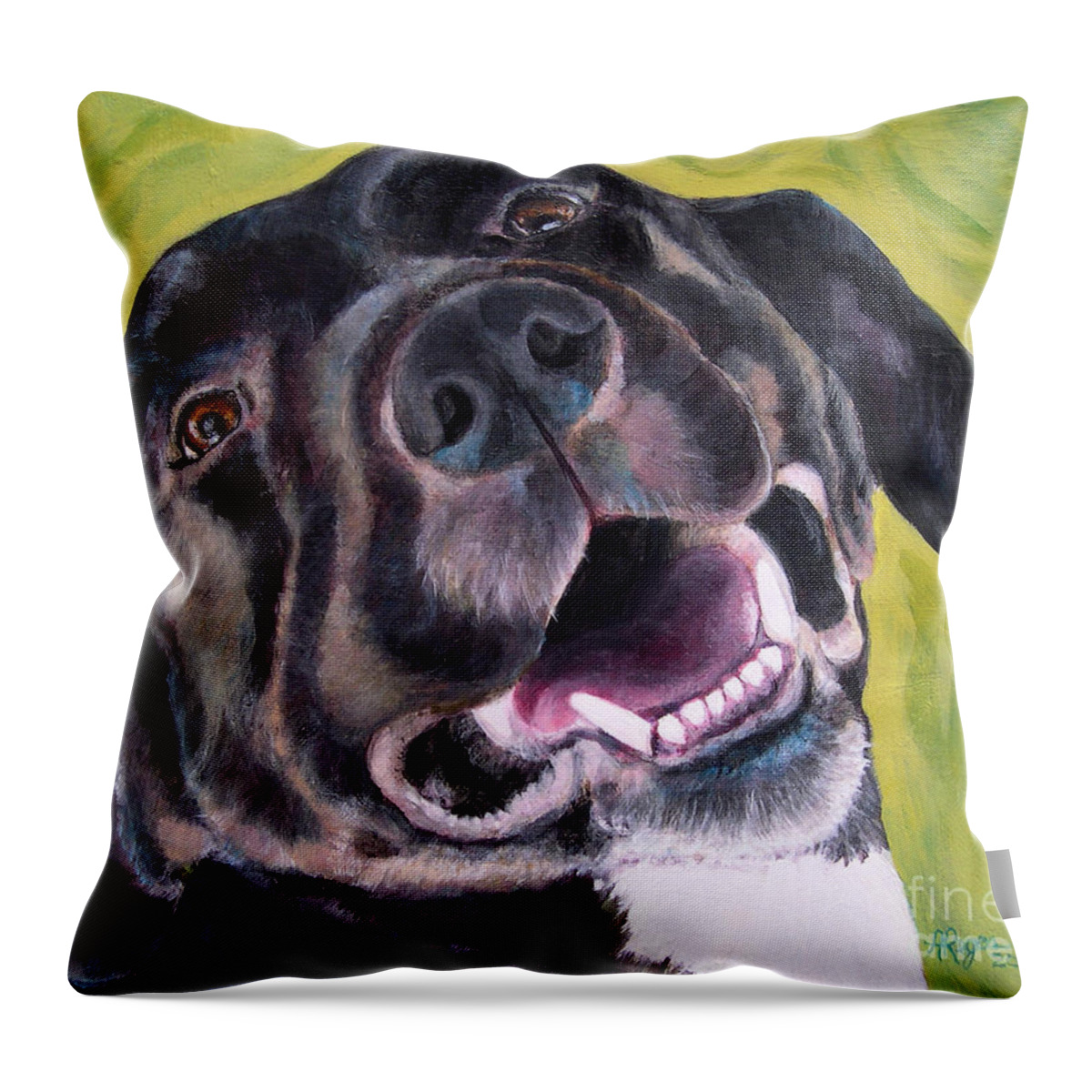 Dog Throw Pillow featuring the painting All Smiles Black Dog by Amy Reges