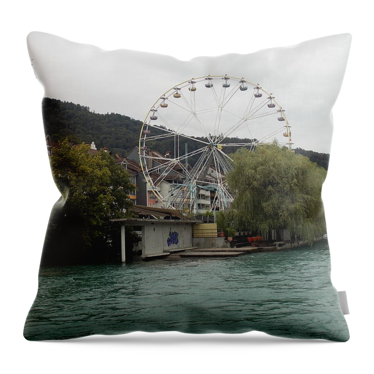 River Throw Pillow featuring the photograph Along the River in Thun by Nina Kindred