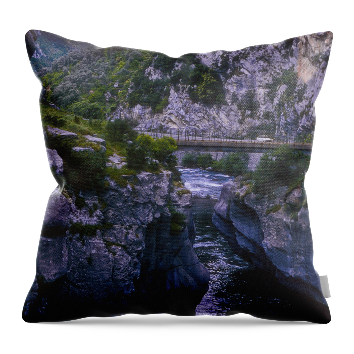 Northern Italian Alps Throw Pillow featuring the photograph Alpine Gorge Crossing by Bob Phillips