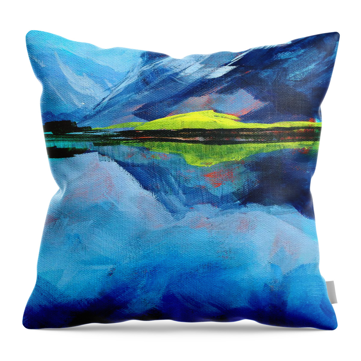 Blue Throw Pillow featuring the painting Alpine Lake Mountain Landscape Painting by Nancy Merkle