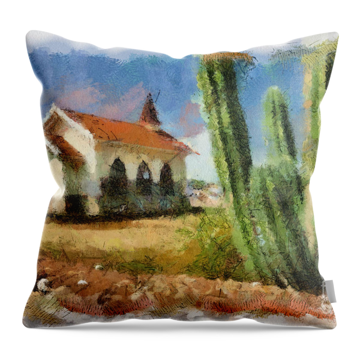 Alto Vista Chapel Throw Pillow featuring the digital art Alto Vista Chapel Aruba by Amy Cicconi