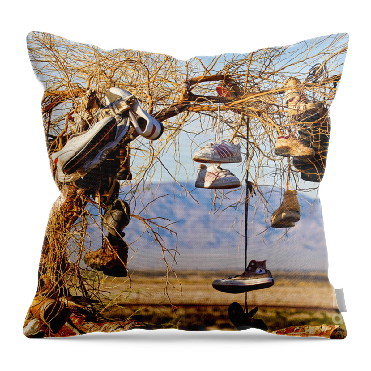 Amboy Shoe Tree Throw Pillow featuring the photograph Amboy Branch of Shoes by Diana Sainz by Diana Raquel Sainz