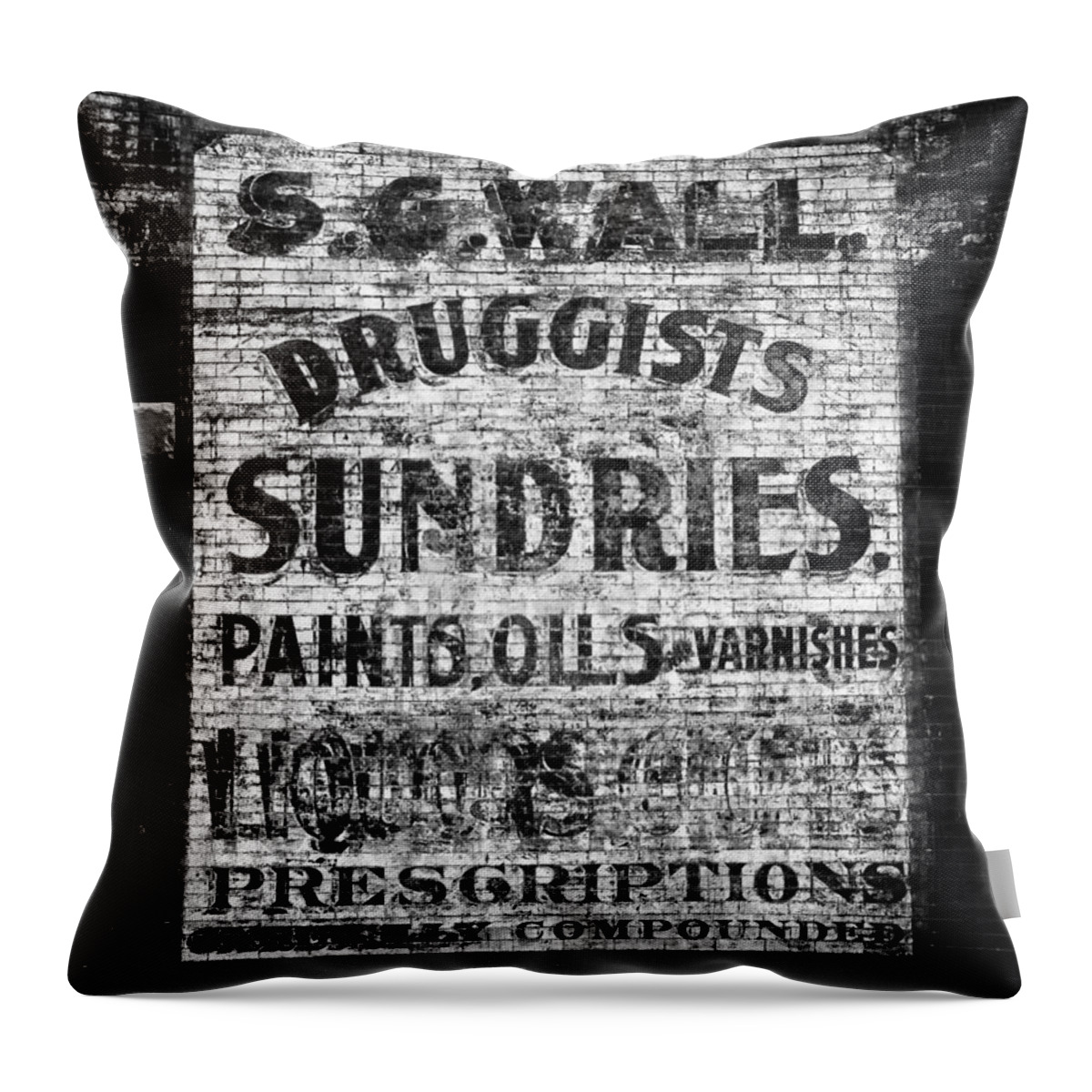 Americana Throw Pillow featuring the photograph Americana Faded Old Brick Wall Drug Store Sign Black and White by Shawn O'Brien