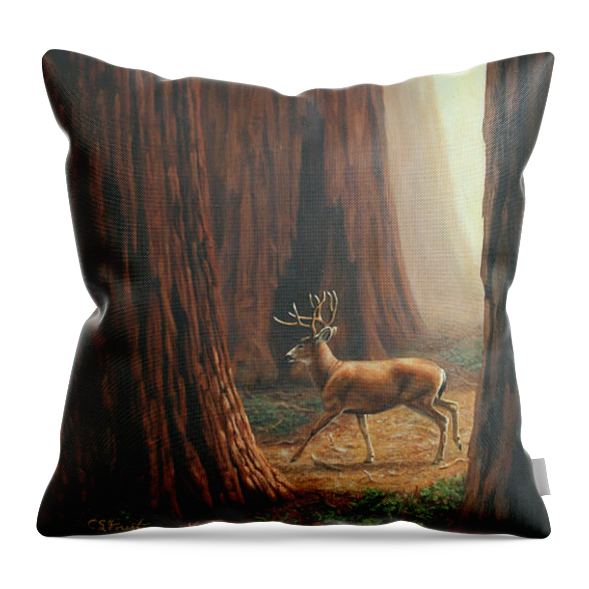 Deer Throw Pillow featuring the painting Sequoia Trees - Among the Giants by Crista Forest