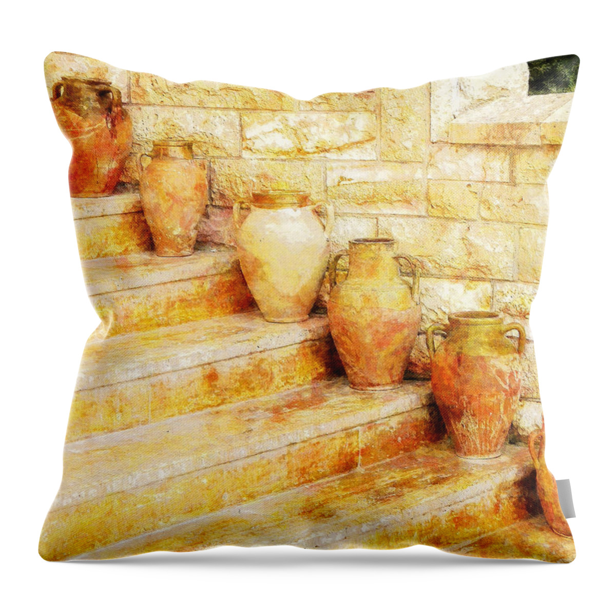 Amphora Throw Pillow featuring the painting Amphorae on steps by Sandy MacGowan