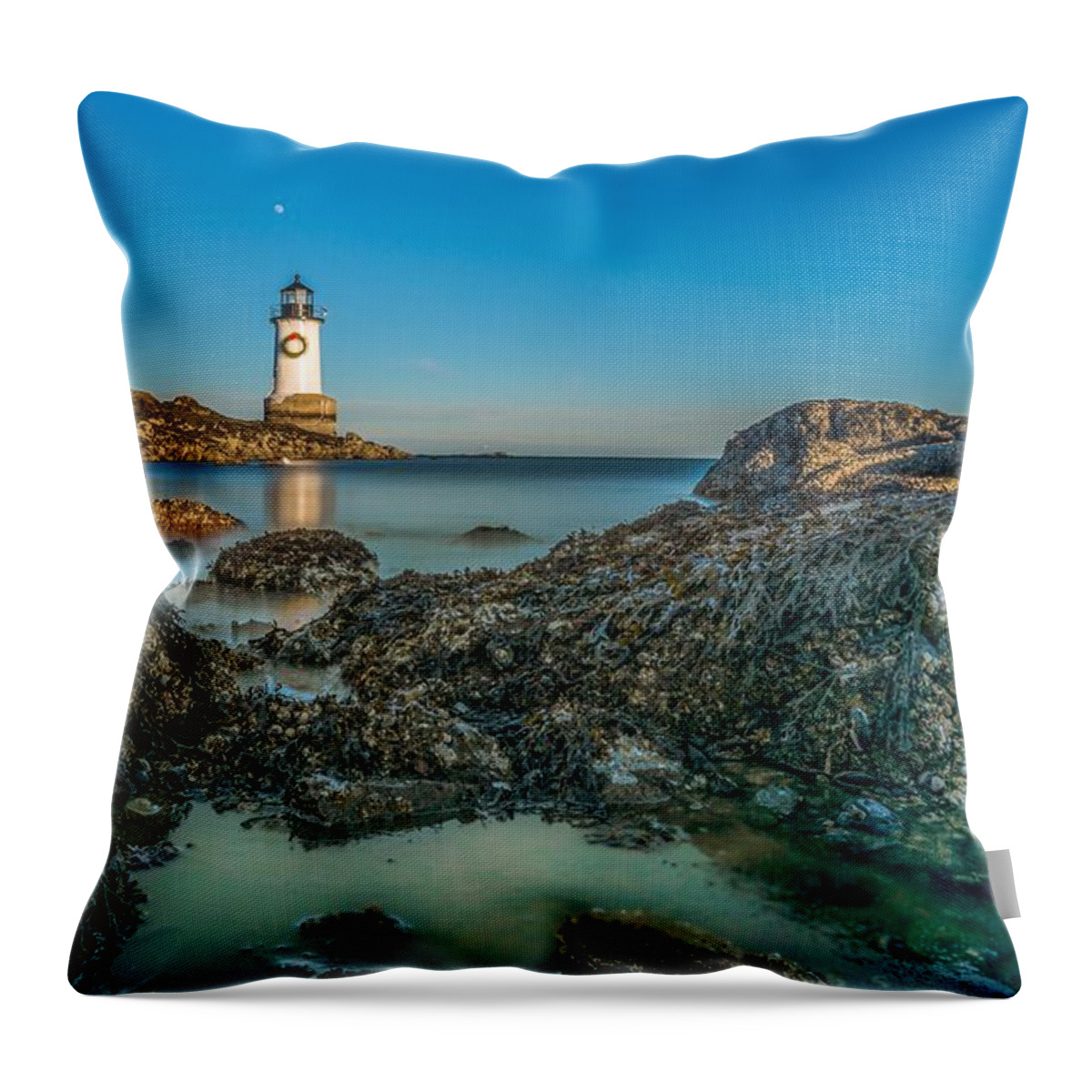 Lighthouse Throw Pillow featuring the photograph An early moon over Fort Pickering Light Salem MA by Bryan Xavier
