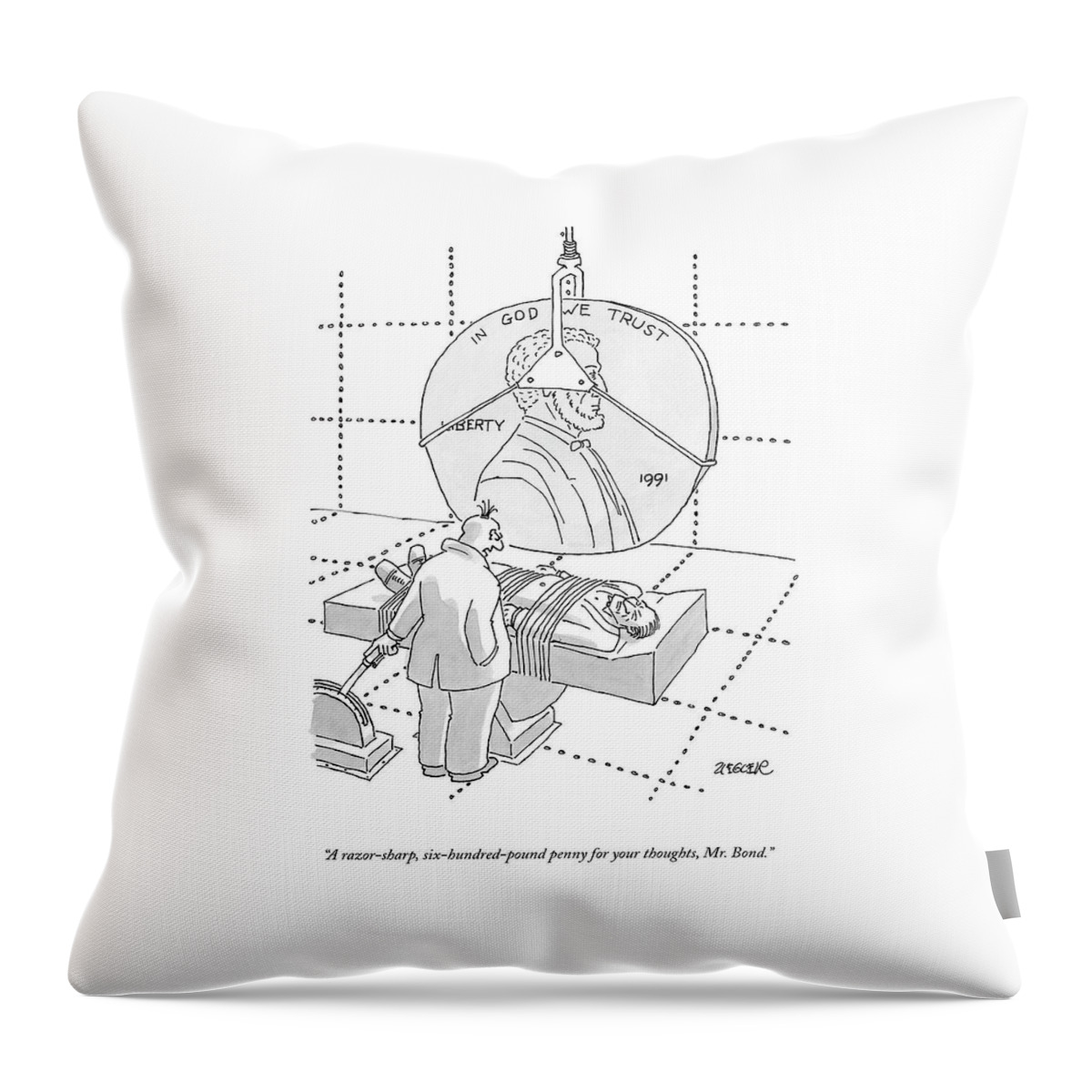 An Evil Criminal Holds A Lever That Is Lowering Throw Pillow