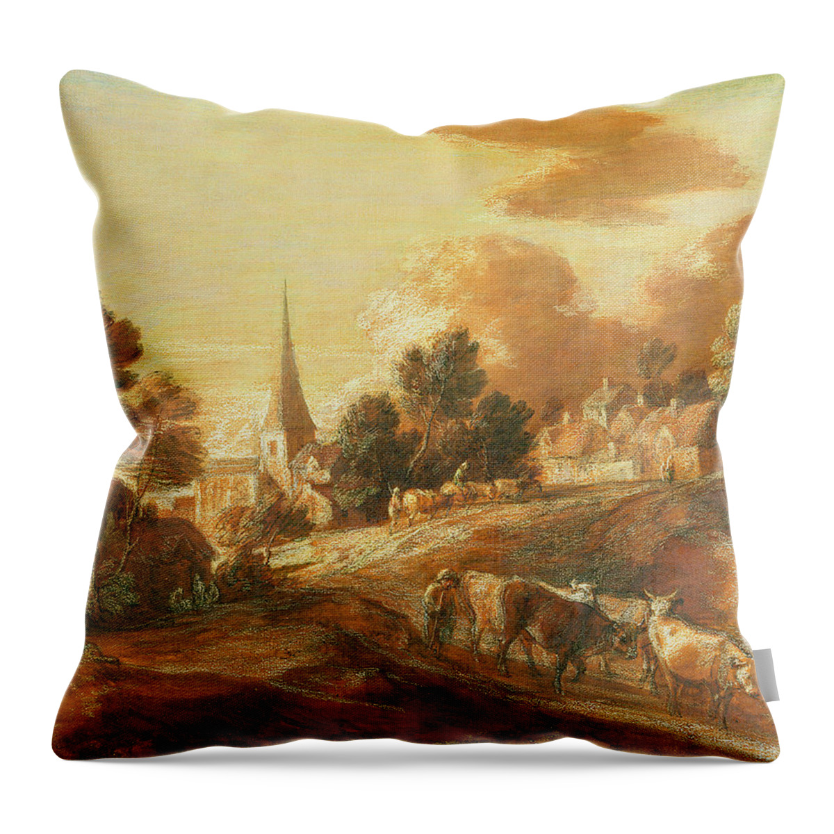 Gainsborough Throw Pillow featuring the painting An Imaginary Wooded Village with Drovers and Cattle by Thomas Gainsborough