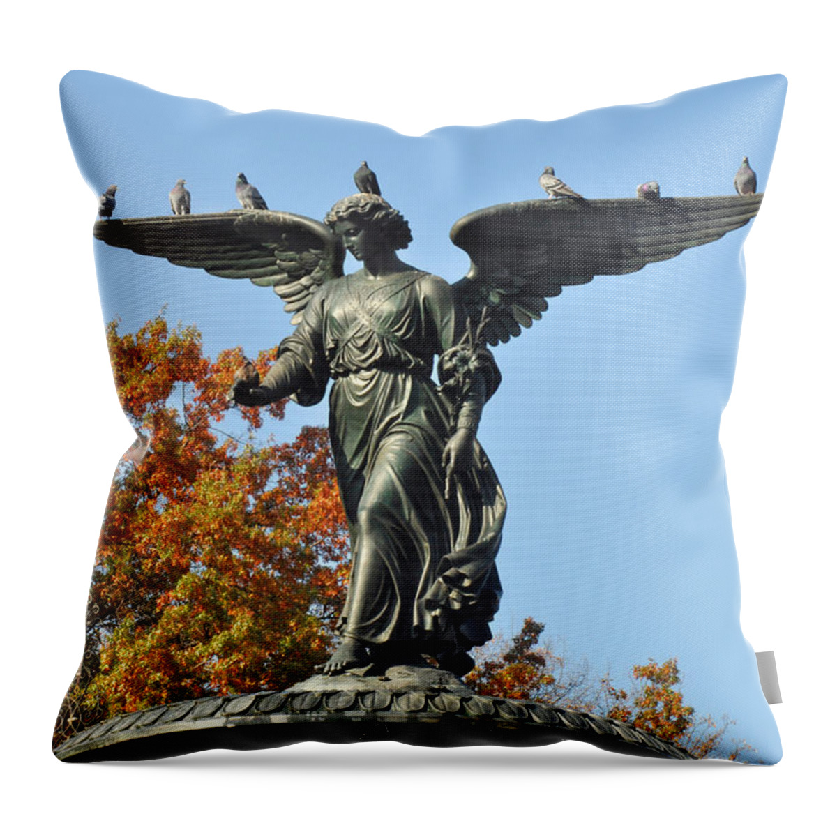 Angel Throw Pillow featuring the photograph Central Park Angel with pigeons by Diane Lent