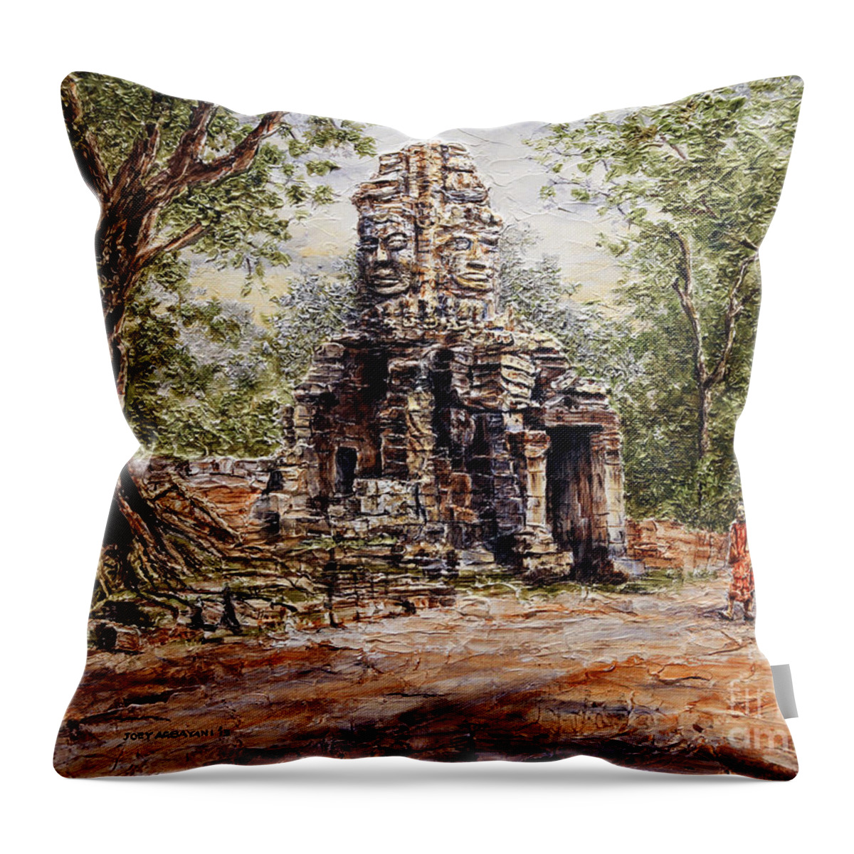 Monks Throw Pillow featuring the painting Angkor Temple Gate by Joey Agbayani