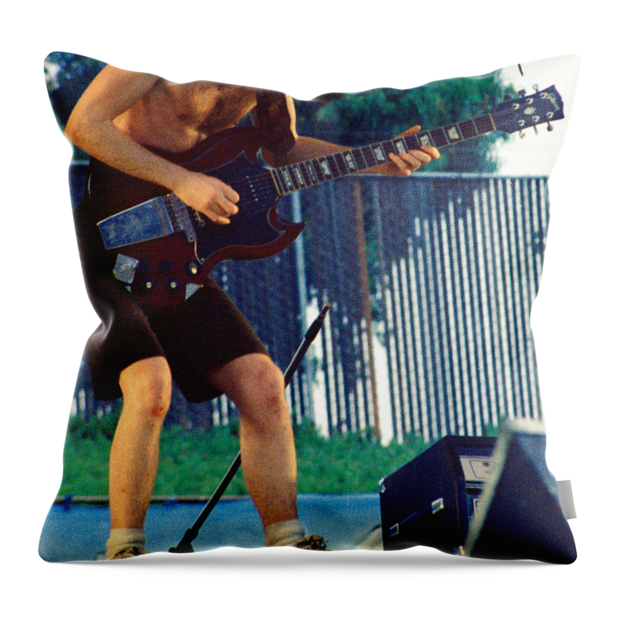 Angus Young Throw Pillow featuring the photograph Angus Young of A C D C at Day on the Green Monsters of Rock by Daniel Larsen